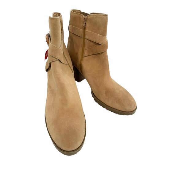 NEW Blondo Tamzin Waterproof Suede Camel Tan Ankle Booties Buckle Block Heel 10M - Picture 11 of 12